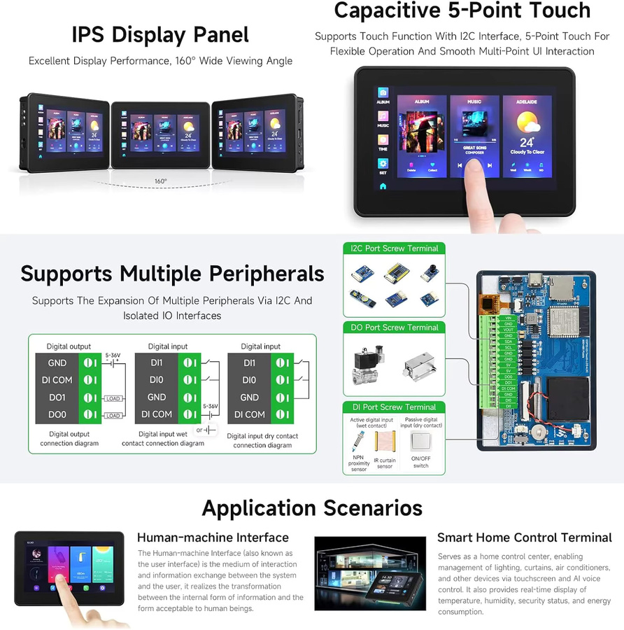 Waveshare ESP32-S3 Entwicklungsboard mit 4,3 Zoll IPS Touchscreen Display in Schwarz, 800x480 Pixel, 8MB PSRAM, Wi-Fi und Bluetooth für LVGL GUI, Arduino IDE und ESP-IDF - Bild 4