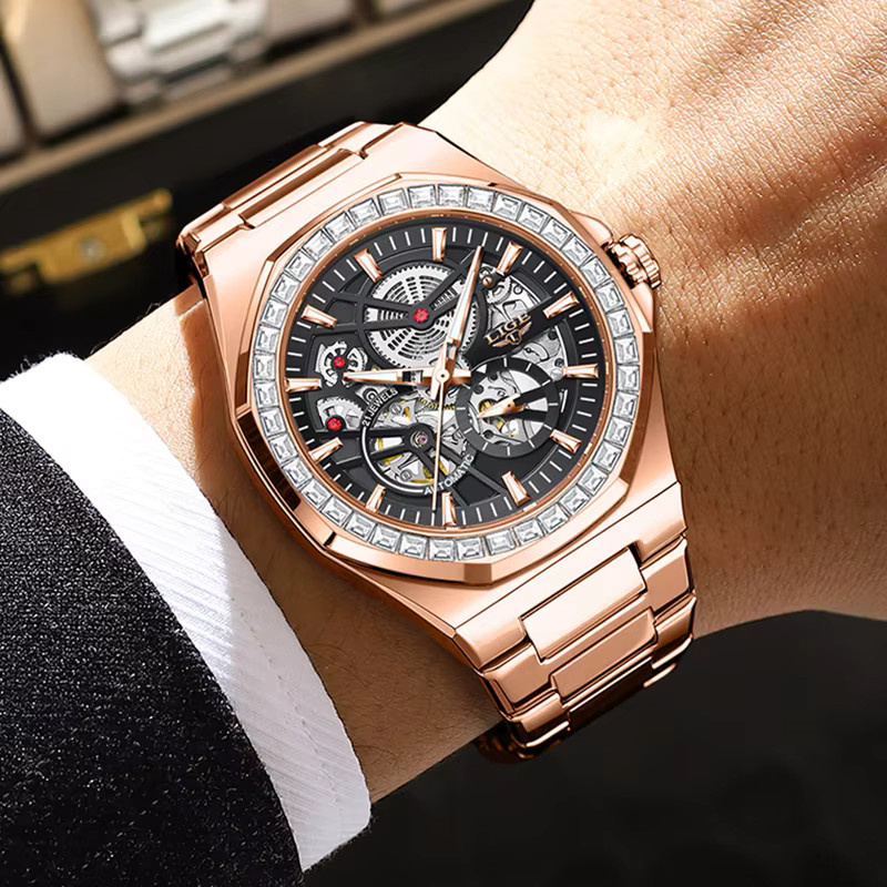 LIGE Armbanduhr Automatik, Edelstahl, Roségold, Blau, Herren - Bild 5