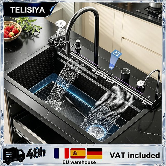 TELISIYA Edelstahl-Multifunktions-Küchenspüle mit Wasserfall-Digitalanzeige-Armatur in Silber und Schwarz - Bild 1