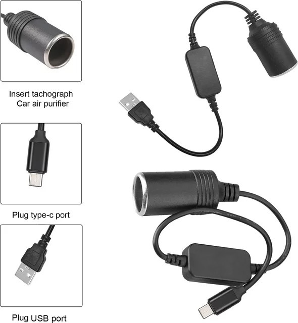Kebidumei 5V zu 12V Zigarettenanzünder-Adapter mit USB-C Typ C Stecker auf Buchse in Schwarz - Bild 1