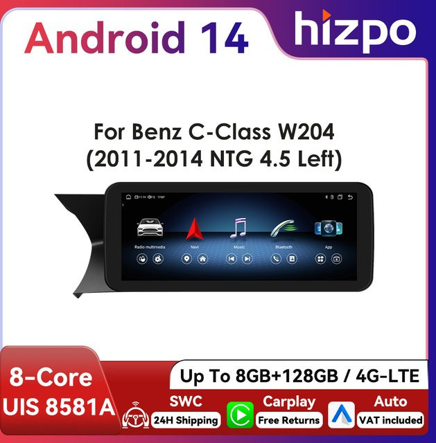 Hizpo Android Autoradio mit 10,25 Zoll Display für Mercedes Benz W204 S204 C-Klasse 2011 - 2014 NTG 4.5 Multimedia mit CarPlay, Bluetooth, GPS und 4G in Schwarz - Bild 1
