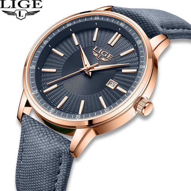 LIGE Armbanduhr Herren, Quarz, Lederarmband, Grün, Datum - Bild 1