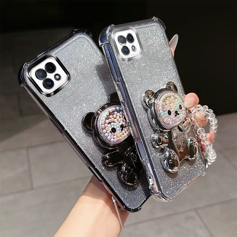 Stoßfeste Handyhülle für Oppo A73 A72 A53 5G mit 3D-Bär-Ständer, Glitzer und Kristallketten-Lanyard in Pink - Bild 3