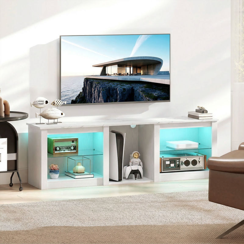 HOMCOM TV-Möbel mit LED RGB, weiße TV-Bank aus Holz mit verstellbaren Glasablagen und 5 Fächern für dein Wohnzimmer oder Schlafzimmer, B/T/H: 160 x 35 x 52 cm - Bild 2