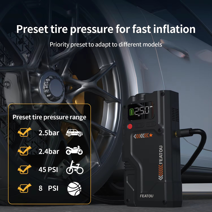 FEATOU Tragbarer Auto-Starthilfe mit Luftkompressor und 6000 A Peak, Schwarz - Bild 4