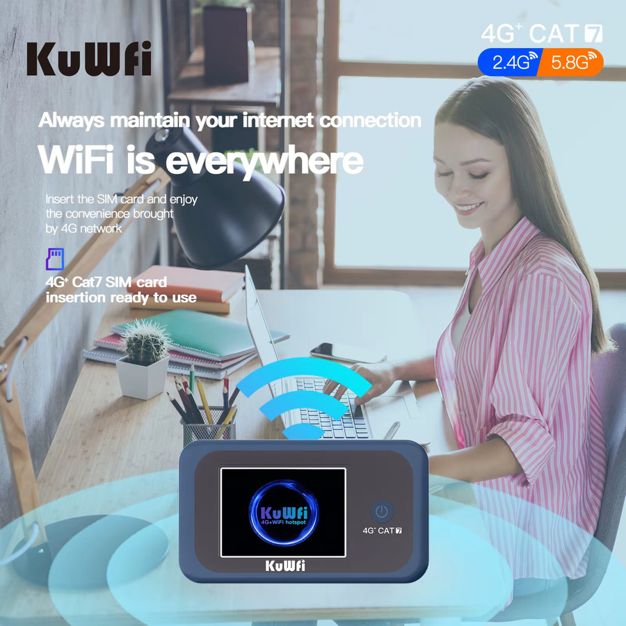 KuWFi CAT7 4G LTE Router mit 1200 Mbit/s, tragbares Reise-Mobilmodem mit 3000 mAh Akku und USIM-Steckplatz für bis zu 10 Benutzer - Bild 4