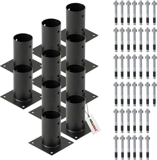 HOLLMAX Pfostenträger Set mit 10 Aufschraubhülsen 80 mm und Schwerlastankern 10 x 100 mm, pulverbeschichtet in Schwarz für Rundholzpfosten - Bild 1