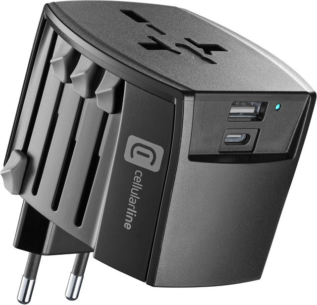 CellularLine Dual Port World Travel Charger 20W Schwarz mit USB-A und USB-C - Bild 1