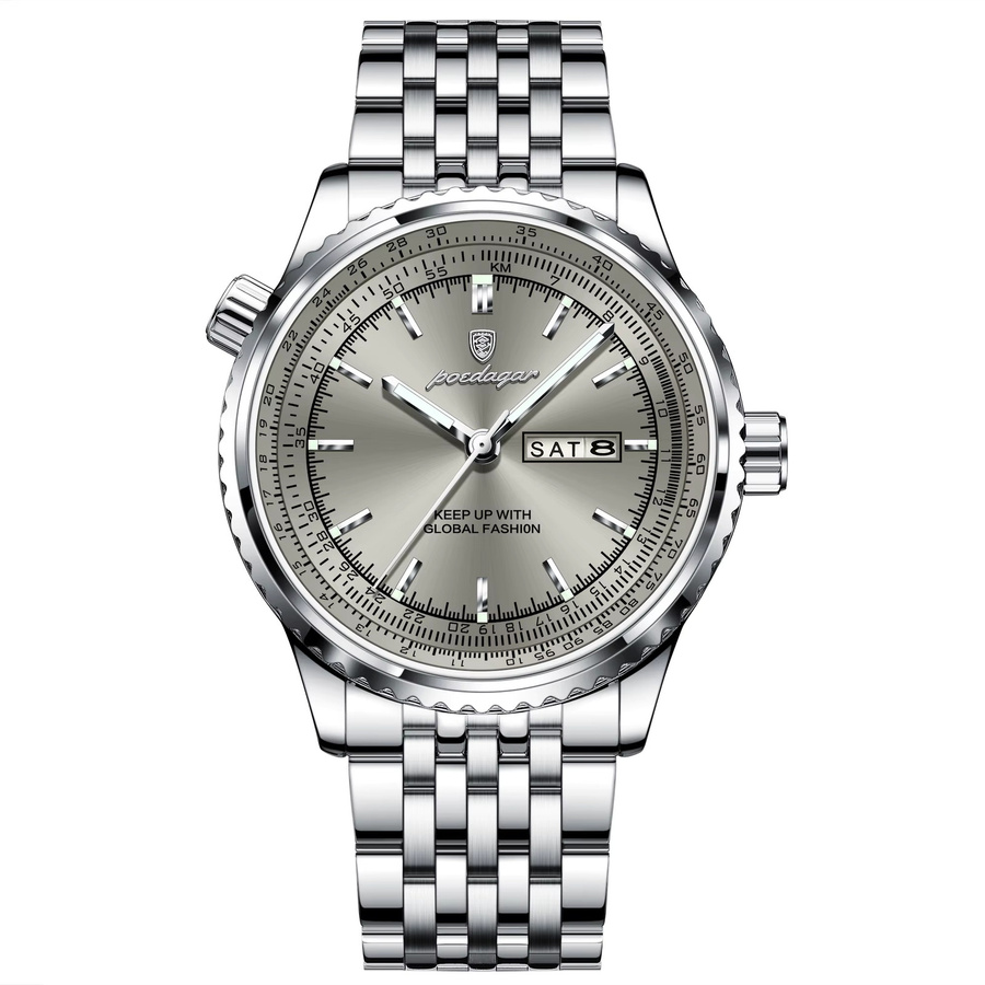 POEDAGAR Armbanduhr Quarz, Edelstahl, Silber, Datum, Wochentag, Herren - Bild 7