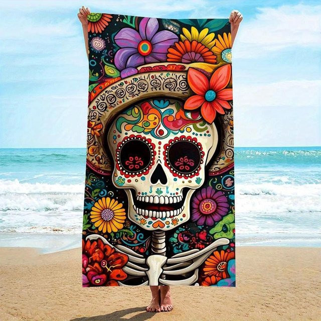 JMG Household Supplies Strandtuch mit Totenkopf-Blumen-Design in Bunt, B/H: 40 x 60 cm - Bild 1