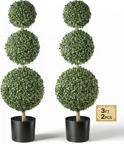 VEVOR Set aus 2 künstlichen Buchsbaum-Pflanzen in Dreifach-Kugelform, Grün, UV-beständig, Höhe: 91,4 cm - Bild 1