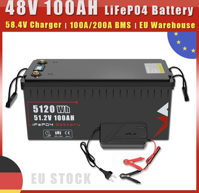 48V 100Ah LiFePO4-Akkupack mit integriertem 100A BMS in Schwarz für Solarstromspeicher, Wohnmobile, Golfcarts und Bootsmotoren - Bild 1