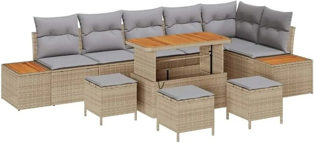 vidaXL Gartensofa-Set aus Poly Rattan in Beige mit Kissen und Stauraumfunktion, 10-teiliges L-Shape Lounge-Set mit Tisch und Hockern - Bild 1
