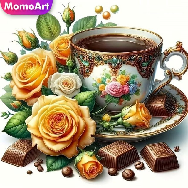 MomoArt 5D DIY Diamantmalerei Kaffeetasse Motiv Blumen und Schokolade in Multicolour als Diamant-Mosaik und Kreuzstich-Stickerei - Bild 1