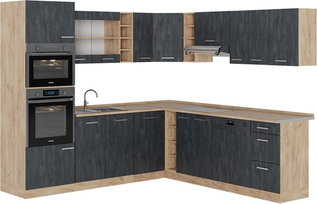 Vicco R-Line Eckküche in L-Form Schwarz Beton Eiche mit weißer Marmor Arbeitsplatte B/T/H: 247 x 237 x 60 cm - Bild 1
