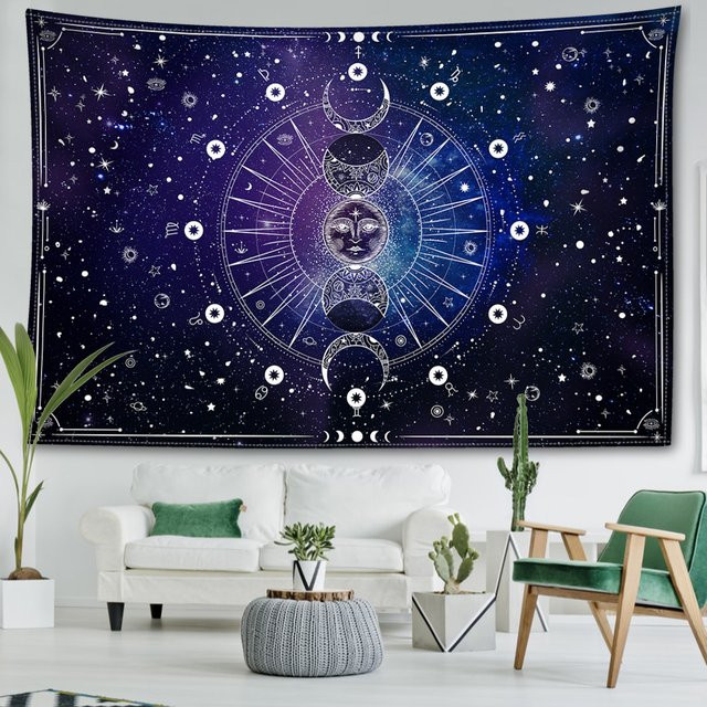 Abstrakter Wandteppich mit Sonne, Mond und Sternbildern in Blau im Boho-Stil, B/H: 95 x 70 cm - Bild 1
