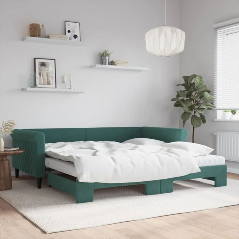 Ausziehbares Funktionsbett mit Matratze von vidaxl in Dunkelgrün aus Samt und Metall, B/T: 100 x 200 cm - Bild 1