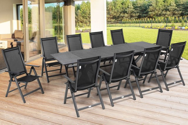 OUTFLEXX Garten-Essgruppe in Anthrazit Matt mit ausziehbarem Tisch und 10 Klappstühlen aus Aluminium, Spraystone und Textil - Bild 1