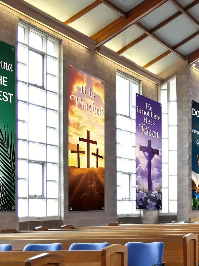 VIKAMA 4-teiliges Oster-Kirchen-Banner-Set, mehrfarbig, hängender Wand-Hintergrund für das Heiligtum - Bild 7