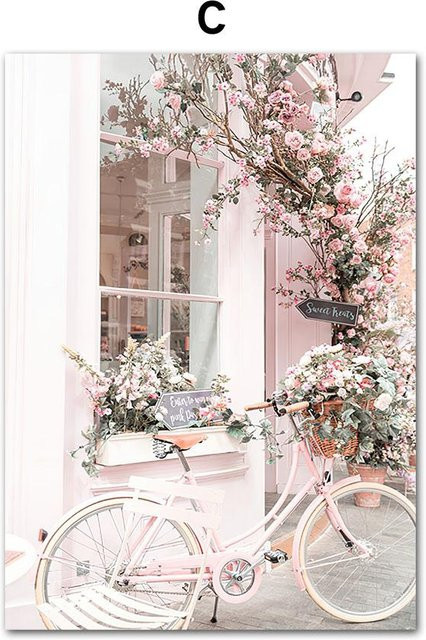 iaidegou-10 Wandkunst Leinwandmalerei mit Blumen, Retro Auto und Fahrrad in Rosa, B: 70 cm, H: 120 cm - Bild 1