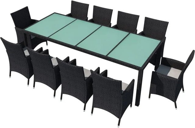 vidaXL 11-tlg Garten-Essgruppe aus Poly Rattan in Schwarz mit Glasplatte und wetterfesten Auflagen Modell 6 - Bild 1