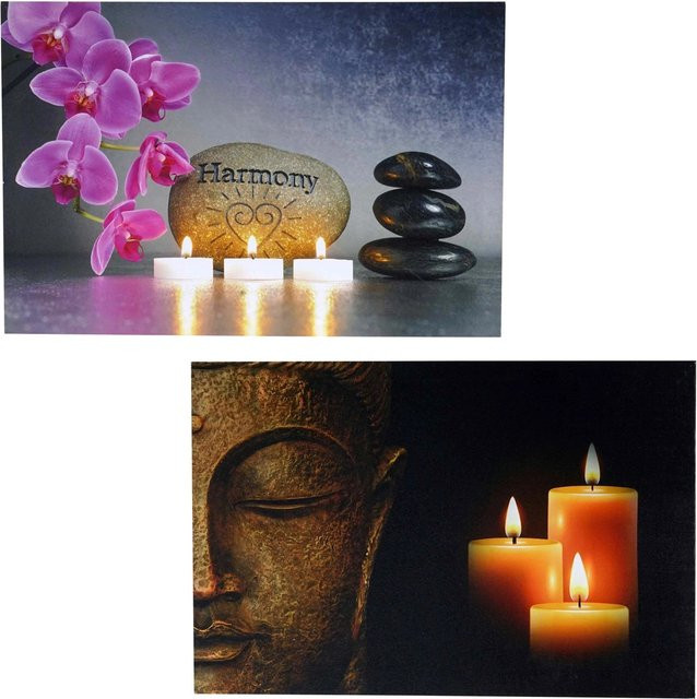 MCW 2er-Set LED-Wandbilder Buddha mit Timer und flackerndem Licht, Canvas, B: 60 cm, H: 40 cm, Multicolour - Bild 1