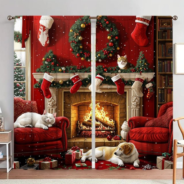 2er-Set Weihnachts-Kamin Vorhang mit Print, Schwarz und Rot, B: 52,5 cm, H: 116 cm - Bild 1