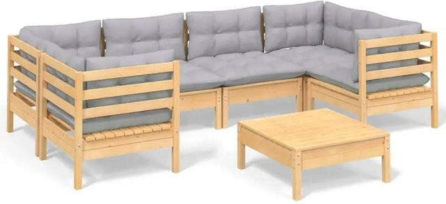 vidaXL 7-teiliges Garten-Lounge-Set aus Kiefernholz mit grauen Polstern aus Polyester - Bild 1