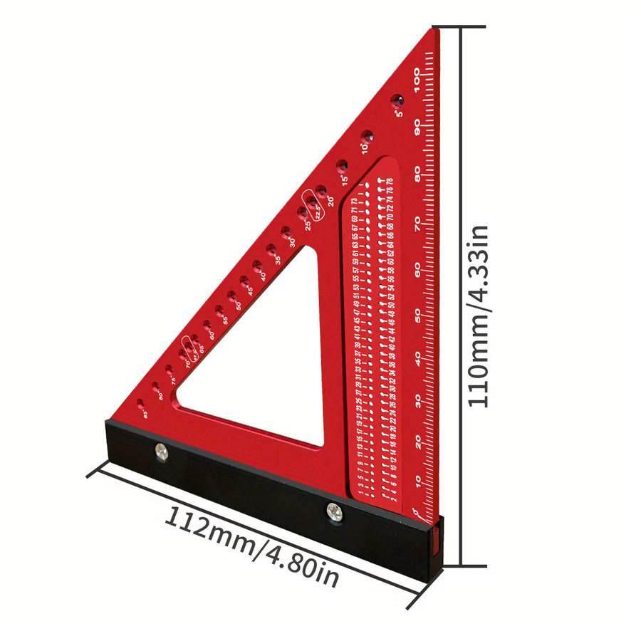 Wnew Präzisions-Zimmermannsquadrat 90 Grad aus Aluminiumlegierung in Rot-Schwarz, multifunktionales Dreieckslineal mit Lochpositionierung für Profis - Bild 2