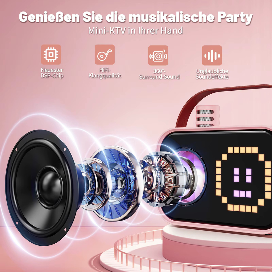 FanFun D58 Karaoke-Maschine in Pink mit 2 kabellosen Mikrofonen und Bluetooth-Funktion für Kinder und Erwachsene - Bild 2