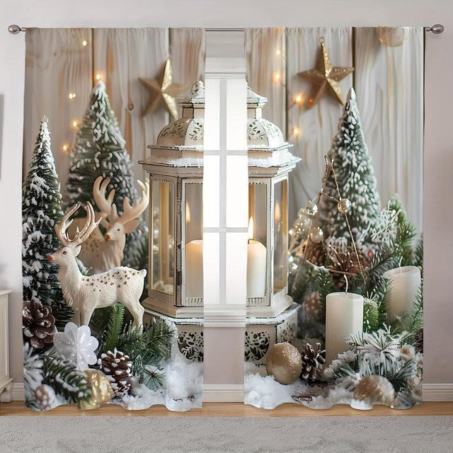 2er-Set Weihnachtsvorhänge mit Schneemännern und Bäumen in Weiß und Gold aus Polyester, halbtransparent, Breite: 100 cm, Höhe: 130 cm - Bild 1