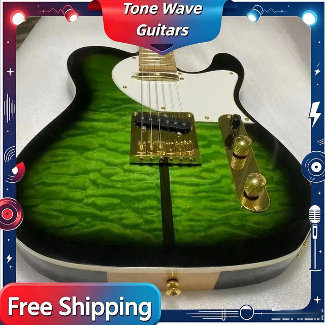 OUCEY Vintage E-Gitarre TELE01 mit grünem Tigerstreifen-Farbverlauf und goldener Hardware - Bild 1