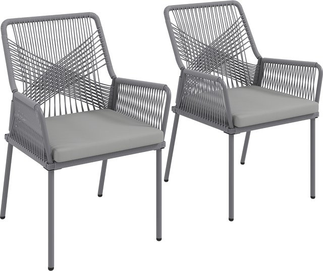 Outsunny 2er Set Gartenstühle aus Rattan mit Sitzkissen in Dunkelgrau, wetterfeste Outdoor Essstühle mit Armlehnen für Garten, Balkon und Terrasse - Bild 1