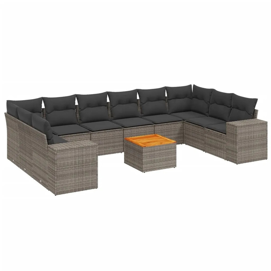vidaXL 11-tlg Garten-Sofagarnitur in L-Form aus Polyrattan und Akazienholz mit grauen Kissen - Bild 2