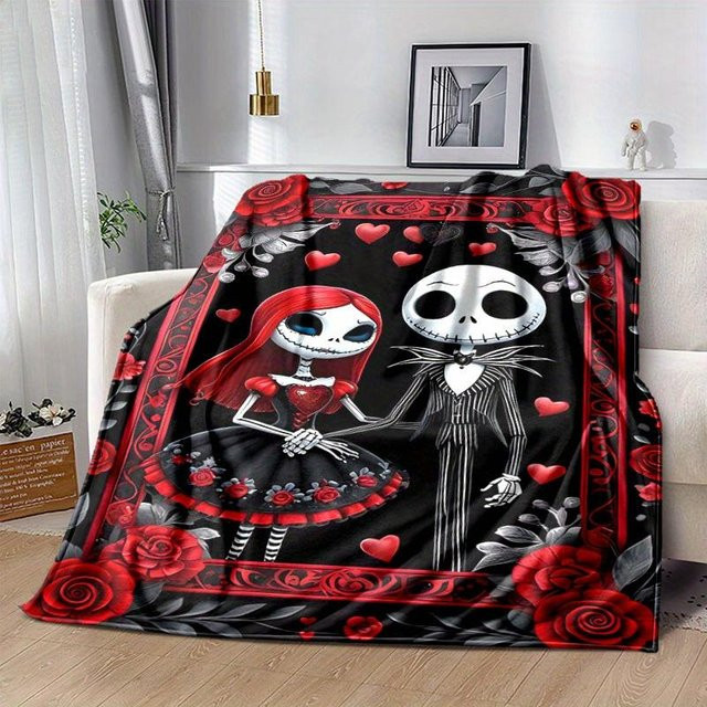 Flanell-Kuscheldecke Jack und Sally Skelett-Paar in Grau, B/B: 80 x 120 cm - Bild 1