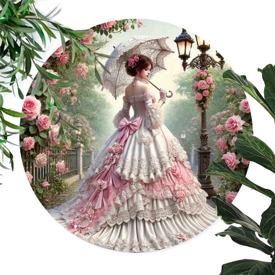 Potdemiel Aluminium-Wandkunst Viktorianische Dame in Weiß und Rosa, Rund, Durchmesser: 19,81 cm - Bild 3