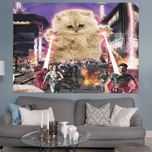 VIKAMA Wandteppich mit Parodie-Cartoon-Katzen-Meme-Design in Weiß und Multicolour, rechteckiger Wandbehang für Wohnzimmer, Schlafzimmer und Arbeitszimmer, B/H: 60 x 40 cm - Bild 1