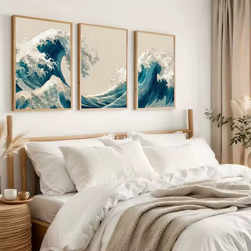 HQYSZZ Leinwand-Poster Set mit 3 Stück abstrakter Küstenlandschaft im japanischen Zen-Stil, Blau, Maritime Wanddekoration - Bild 2