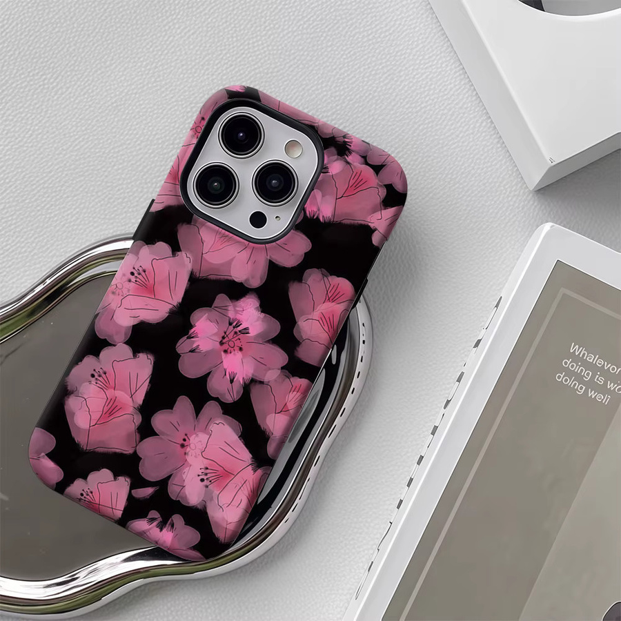 Apple iPhone Schutzhülle mit rosa Blumen auf schwarzem Hintergrund, doppelschichtige Rückabdeckung für iPhone 17/16/15/14/13/12 Pro Max Plus - Bild 5