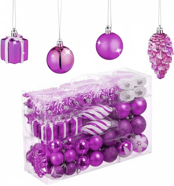 Relaxdays Weihnachtskugeln 72er Set aus Polystyrol in Pink mit Bändchen, B/T/H: 24 x 38 x 12 cm - Bild 1