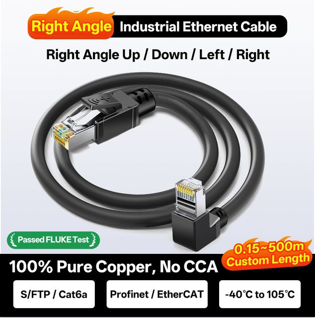 BYXGD Cat6a Ethernet-Kabel mit 90 Grad RJ45 Anschluss, schwarzes industrielles Schleppkettenkabel, IP67 wasserdicht - Bild 1