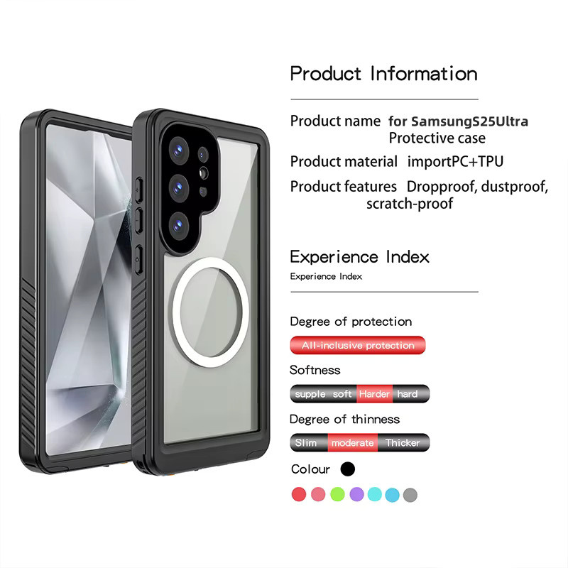 Samsung Galaxy S25 Ultra Handyhülle mit Magnetfunktion, wasserdicht und 360-Grad-Fallschutz in Schwarz - Bild 6