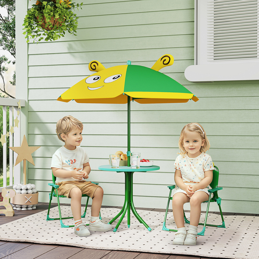 AIYAPLAY 4er Set Kindersitzgruppe Gartenmöbel mit Gartentisch, 2 Klappstühlen und höhenverstellbarem Sonnenschirm, Bienen-Muster, Grün - Bild 2