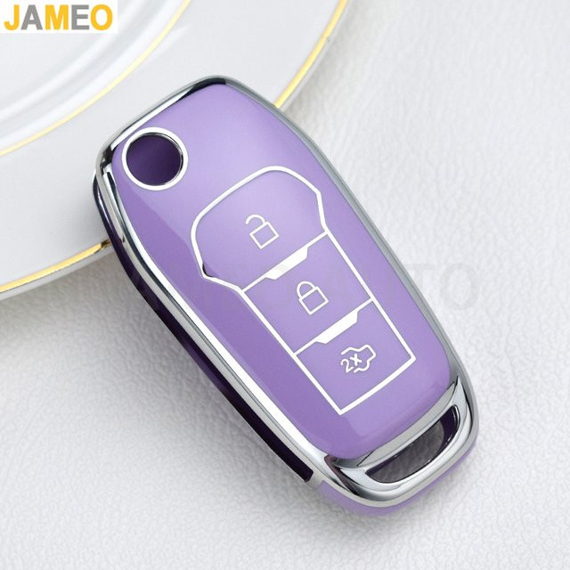 JAMEO AUTO Schlüsselhülle aus TPU für Ford Figo, Mondeo, Ecosport, Puma, Fiesta Mk8, Everest und Ranger, 3 Tasten, Farbe: Lila - Bild 1