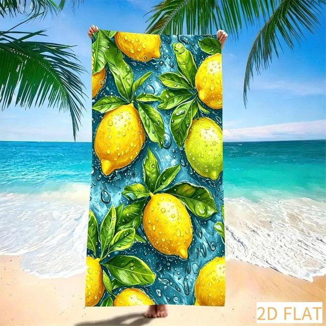 JMG Household Supplies Strandtuch Zitrone & Grünes Blatt mit Aquarell-Druck, sandfrei und schnelltrocknend aus Mikrofaser, B/B: 70 x 140 cm, Gelb/Mehrfarbig - Bild 1