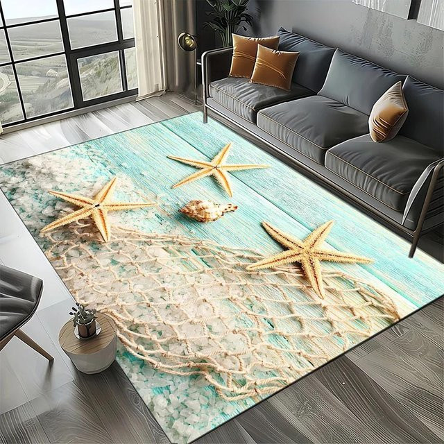 Karpetti Teppich mit Seestern- und Muschel-Design, rutschfest und waschbar, B/T: 60 x 90 cm, Mehrfarbig - Bild 1