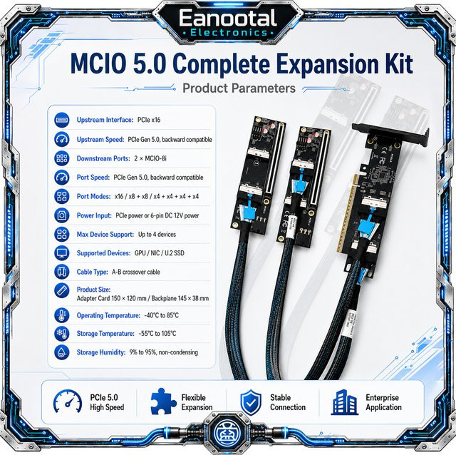 PCIe Gen5 X16 zu MCIO 8i Adapter-Kit mit Dualer PCIe X16 Backplane-Karte und 500mm Kabel für GPU-Erweiterung im Server, Schwarz - Bild 1