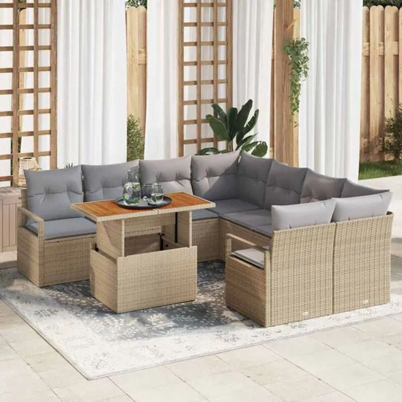 Vidaxl Garten Essgruppe aus Polyrattan mit 9 Teilen und Kissen in Beige und Grau, B/H/T: 100 x 73 x 55 cm - Bild 1