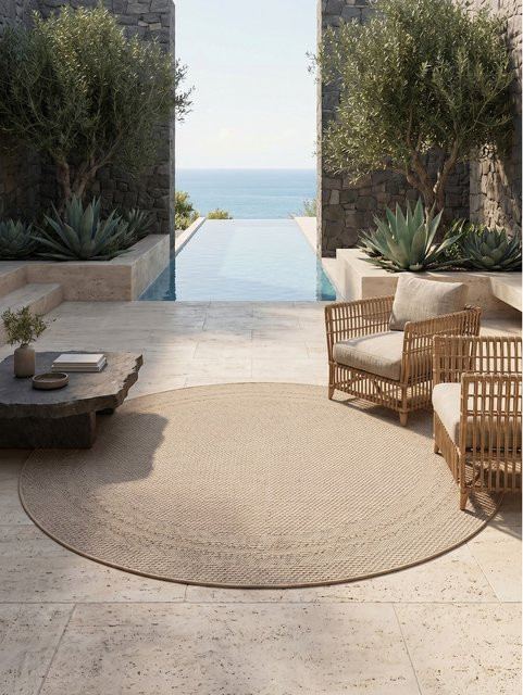 Outdoor Teppich VENTOUX von Kadima Design in Beige mit Bordüre, rund, Durchmesser: 80 cm - Bild 1