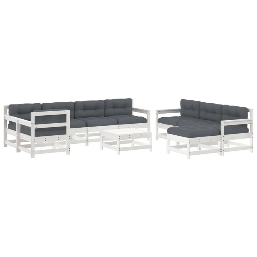 vidaXL 10-tlg Garten-Lounge-Set aus Massivholz mit Kissen in Weiß und Anthrazit, L-Form mit Sofa, Sesseln, Ottoman und Tisch - Bild 2